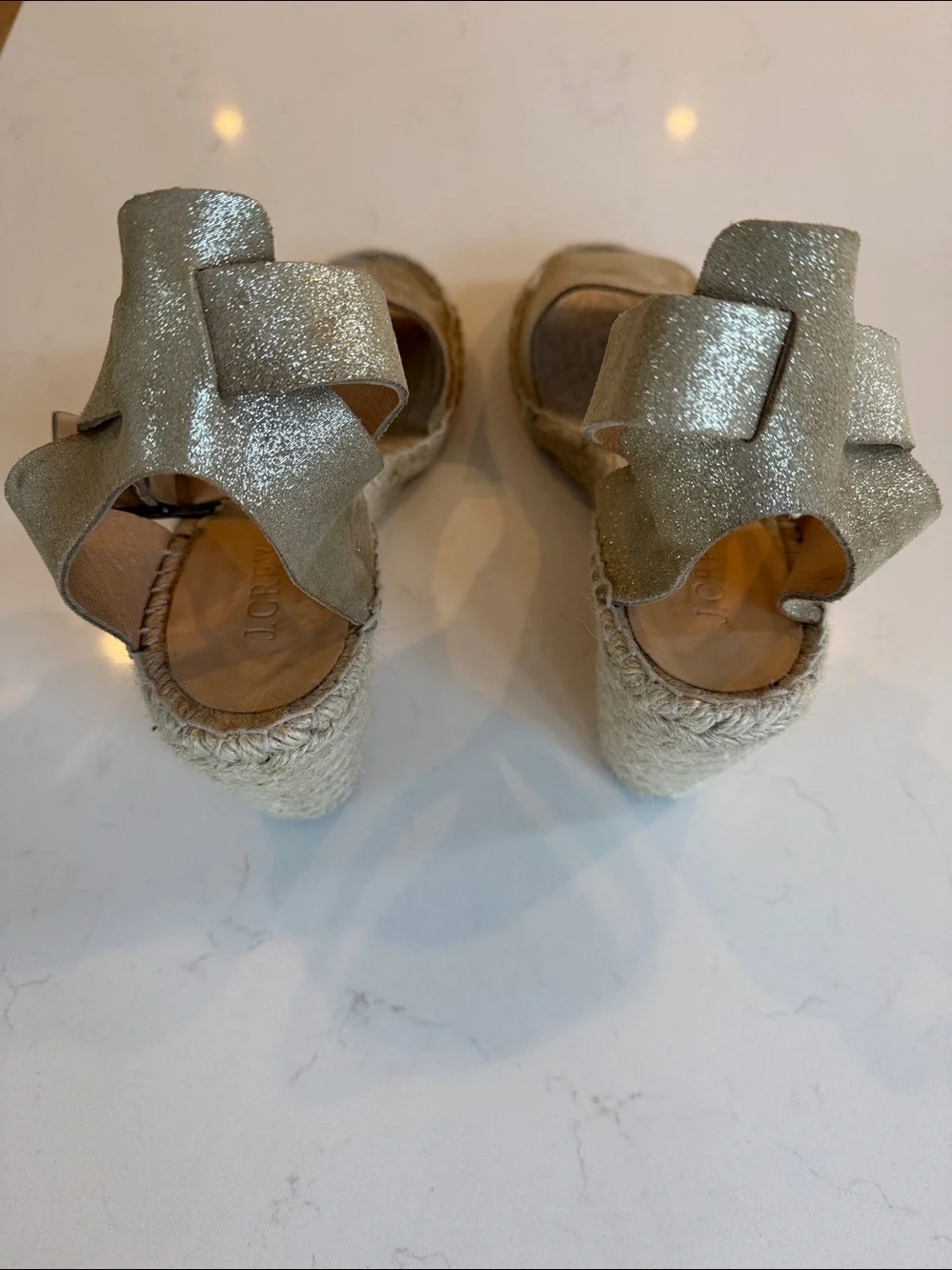 J Crew Gold Sparkle Espadrille Wedge Sandals with Ankle Buckle Strap Sz: 11